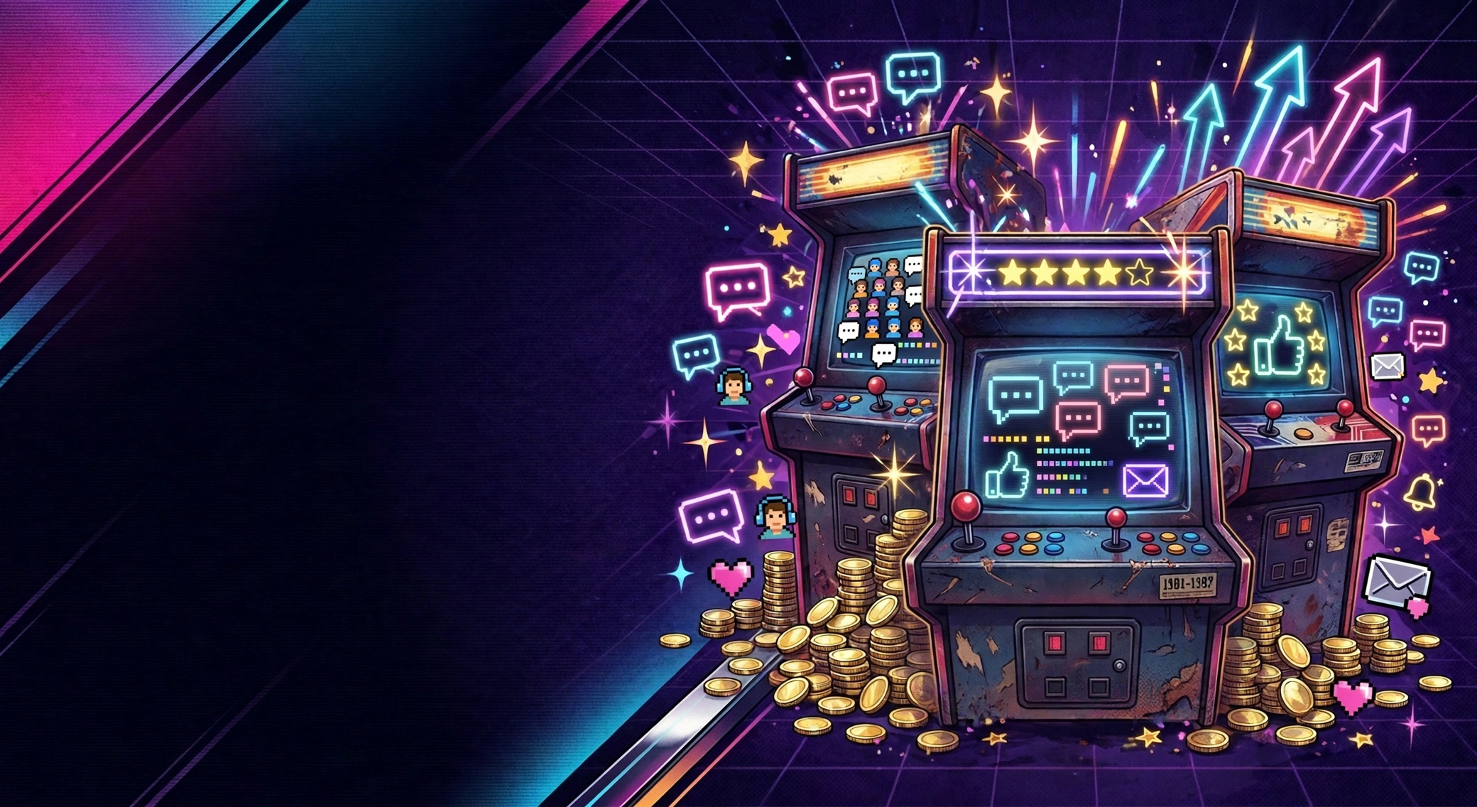 Arcade cabinets surrounded by neon message bubbles and stars