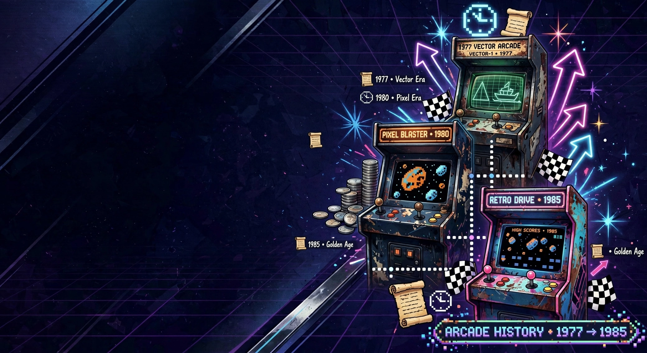 Neon arcade cabinets through the decades