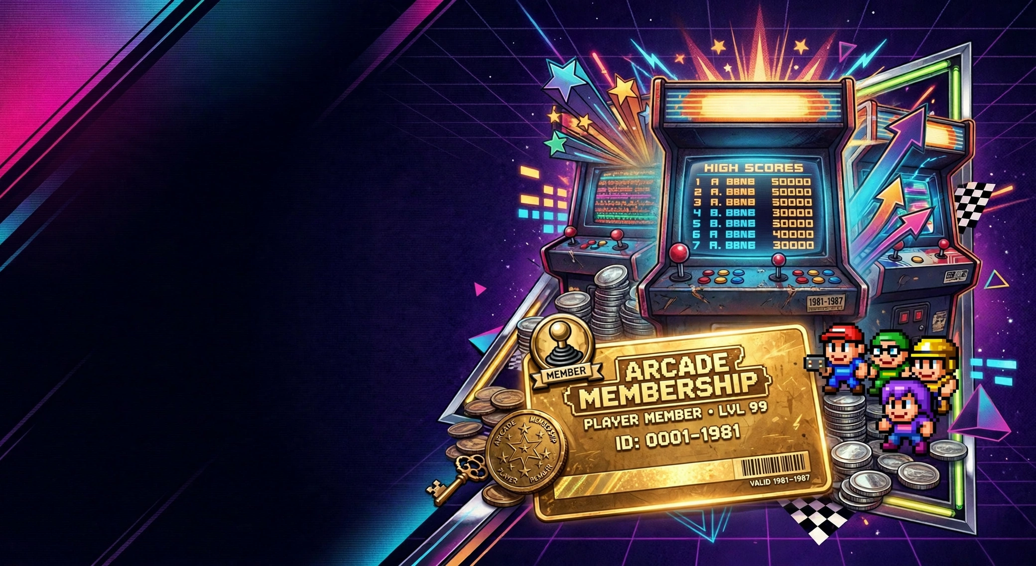 A glowing golden arcade token rising above a neon arcade cabinet