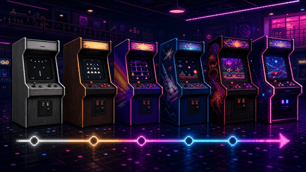 A neon arcade cabinet representing decades of arcade history