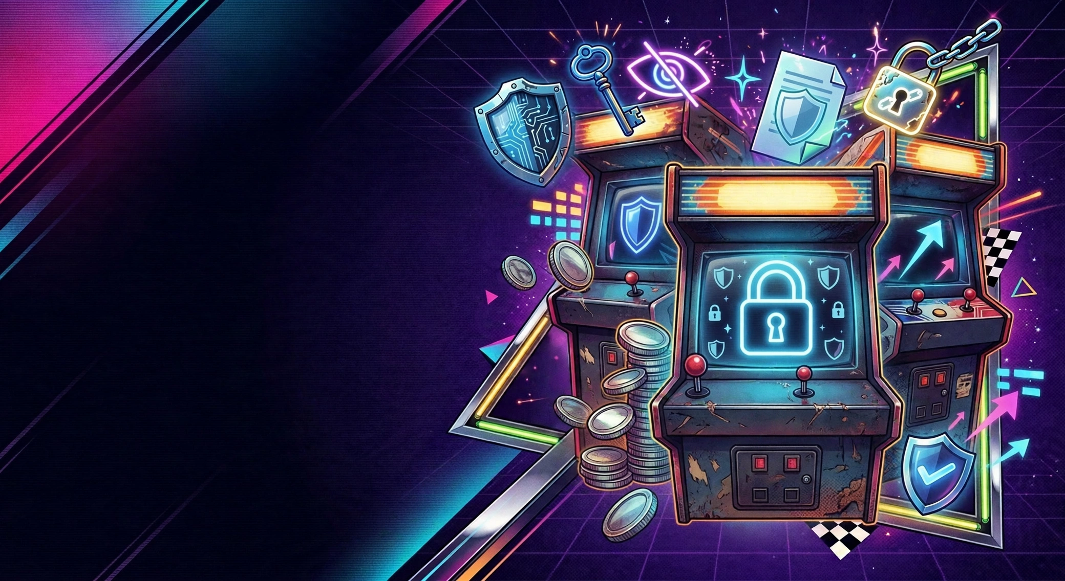 A neon arcade cabinet guarded by glowing padlocks and shields