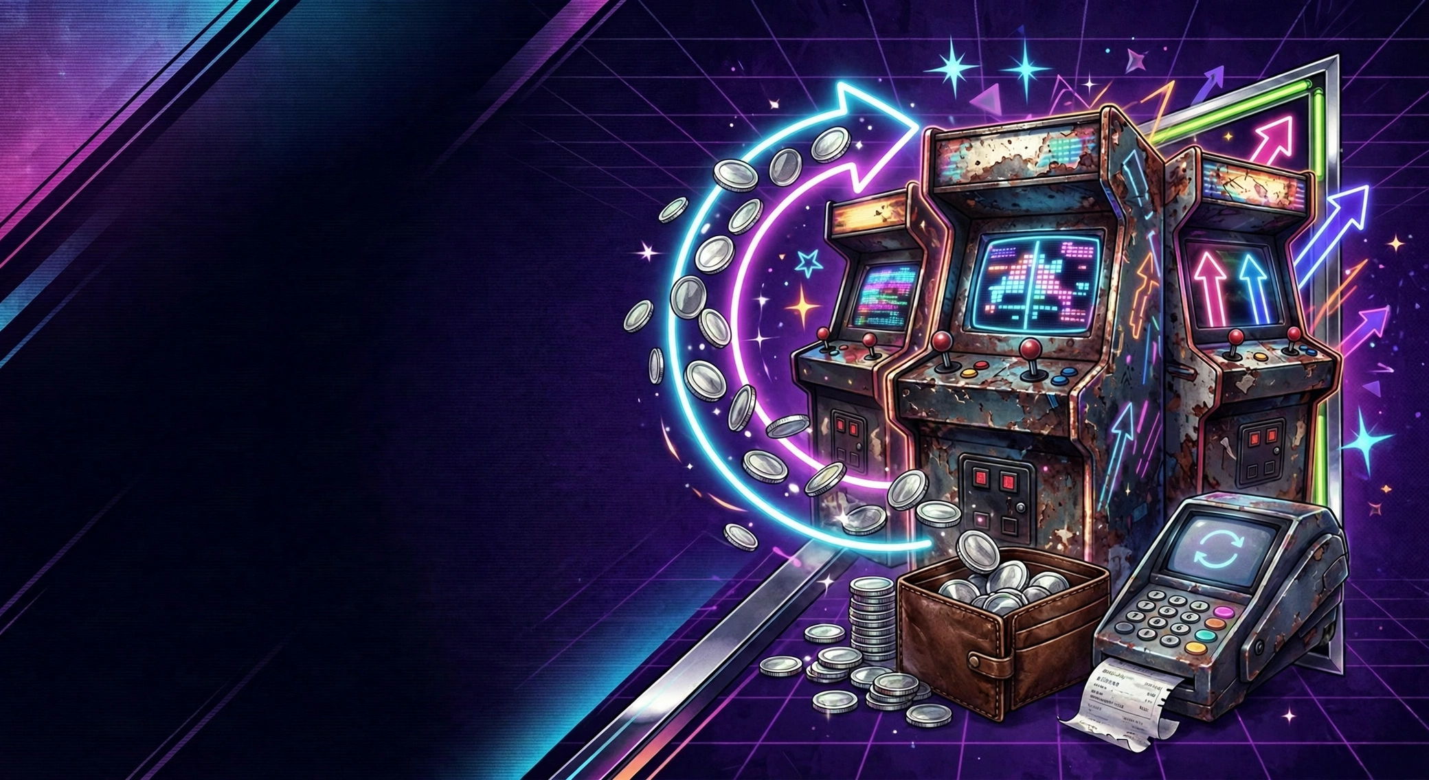 Arcade cabinets beside a neon refund loop, coins and a card terminal