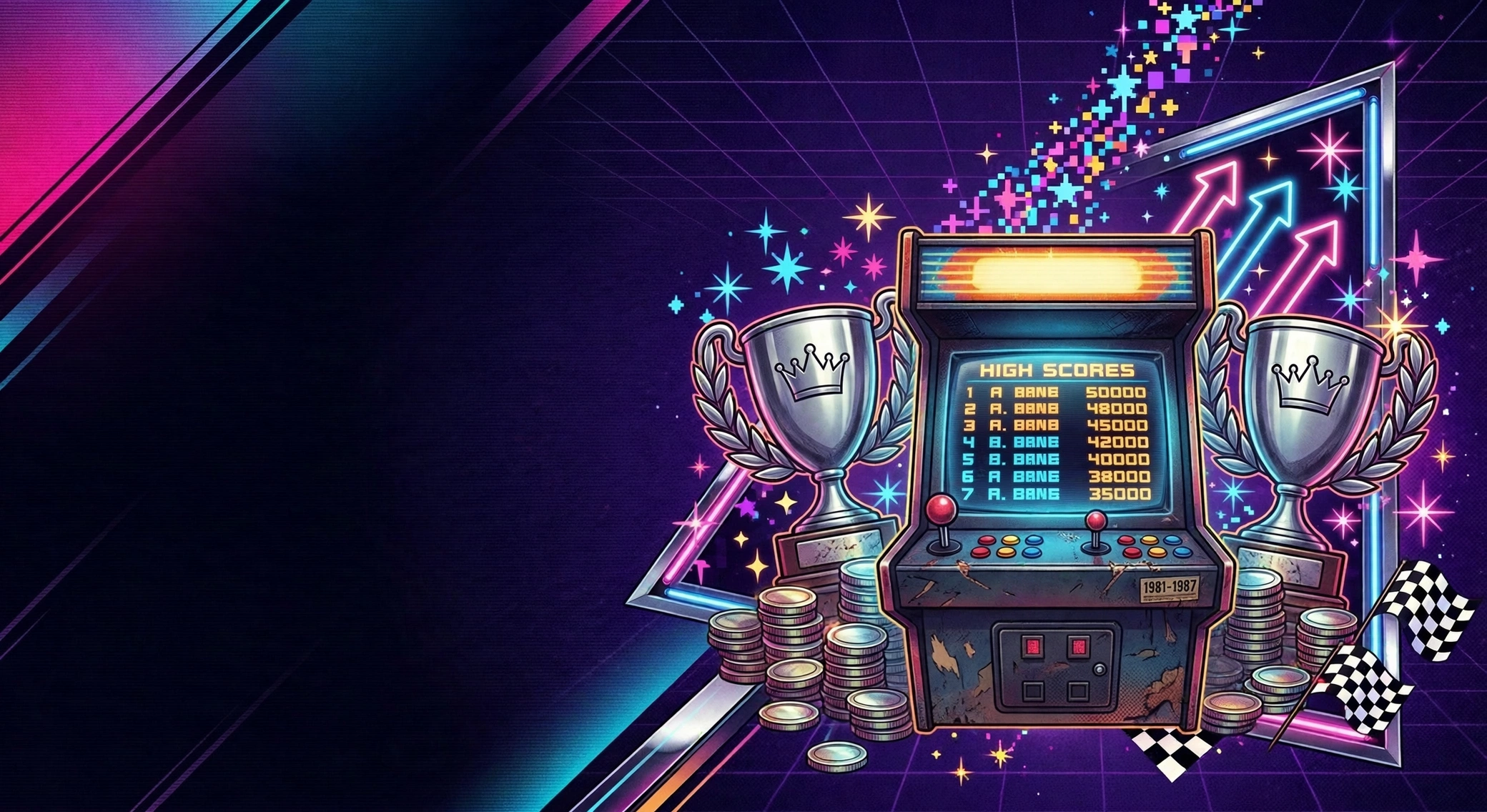 Retro-Arcade ranked high score boards showing player rankings for arcade games