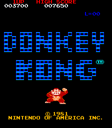 The original Donkey Kong arcade game showing red girders, ladders and rolling barrels