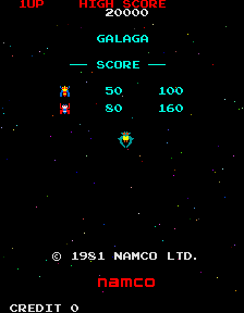 The Galaga title screen, showing formations of alien ships above the player's fighter