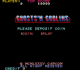 Ghosts'n Goblins, showing the knight Arthur in the graveyard as zombies rise from the ground